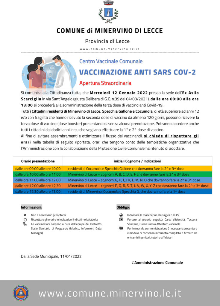 💉🦠 Centro Vaccinale Comunale – Vaccinazione Anti Sars CoV-2 – Apertura straordinaria