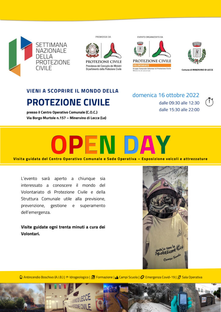🇮🇹 👨‍🚒 Settimana Nazionale della Protezione Civile: Open Day – Domenica 16 ottobre 2022